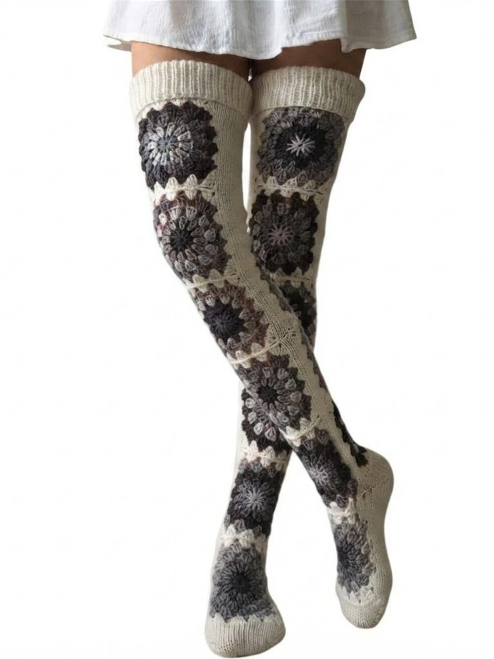 White Multicolor Granny Squares Knit And Crochet Socks Stockings
